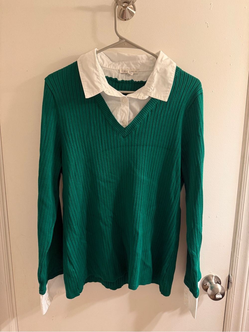 Cato Emerald Green Ribbed V-Neck Sweater with White Faux Shirt Detail